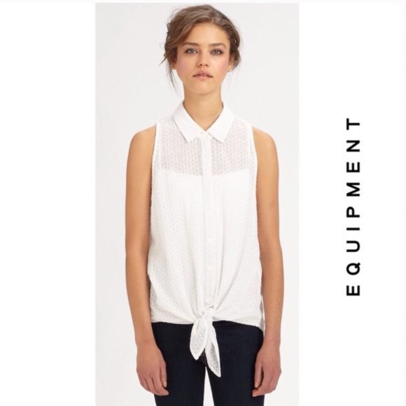 Equipment Mina sleeveless silk tie-front eyelet blouse S Cream Ivory Sheer Tank - Picture 1 of 5